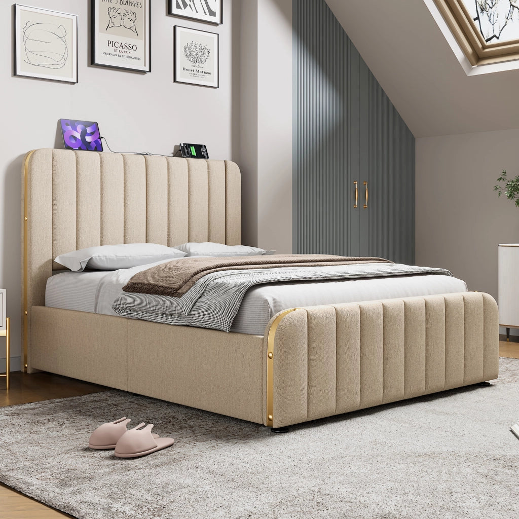 Letti contenitori 140x190 cm; testiera con ricarica USB Type-C; lino; beige (Senza materasso)