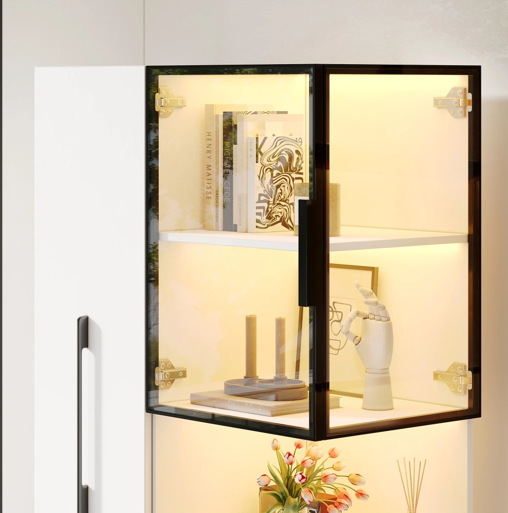 Vetrina 70x38x160 cm con ripiani estraibili e LED multicolore in MDF e vetro bianco