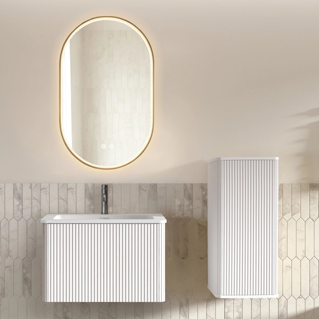Mobile bagno sospeso con lavabo; specchio LED e colonna con vani contenitore per bagno; in MDF e vetro; bianco
