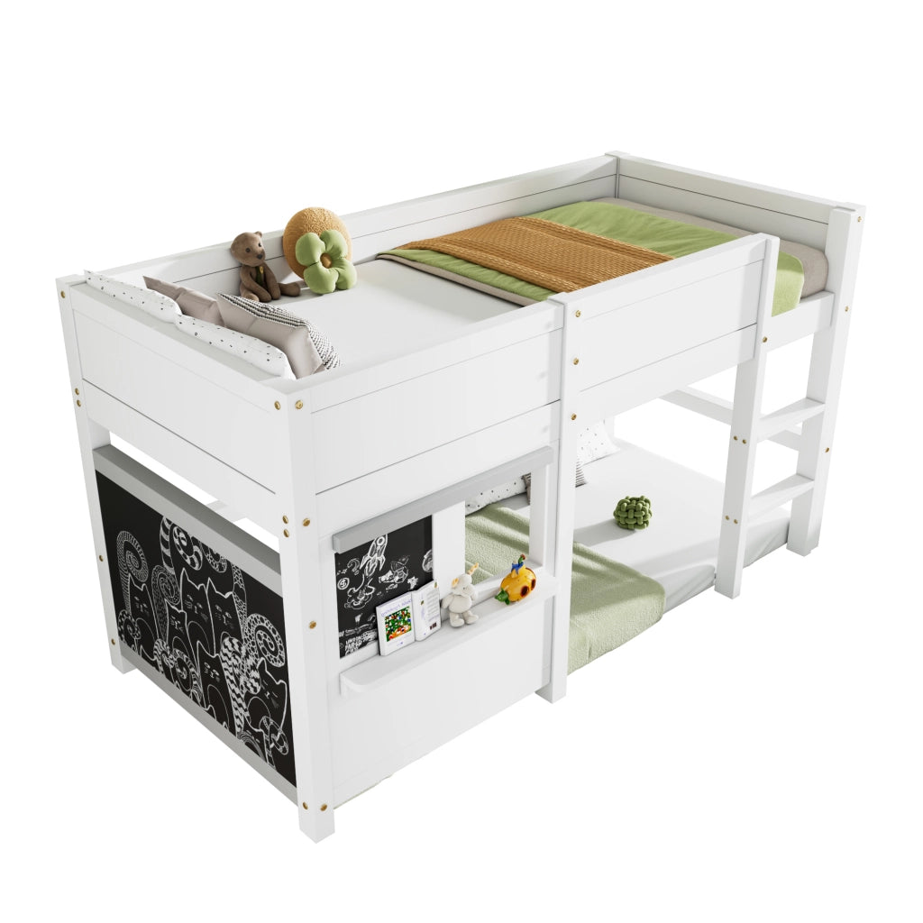 Letto Casetta 90x200 cm; Letto Singolo - Lavagna; Mensola - in Legno Massello Bianco