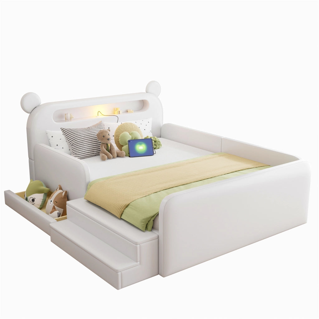 Letto imbottito per bambini con testiera a orso e USB, 140x200 cm, bianco