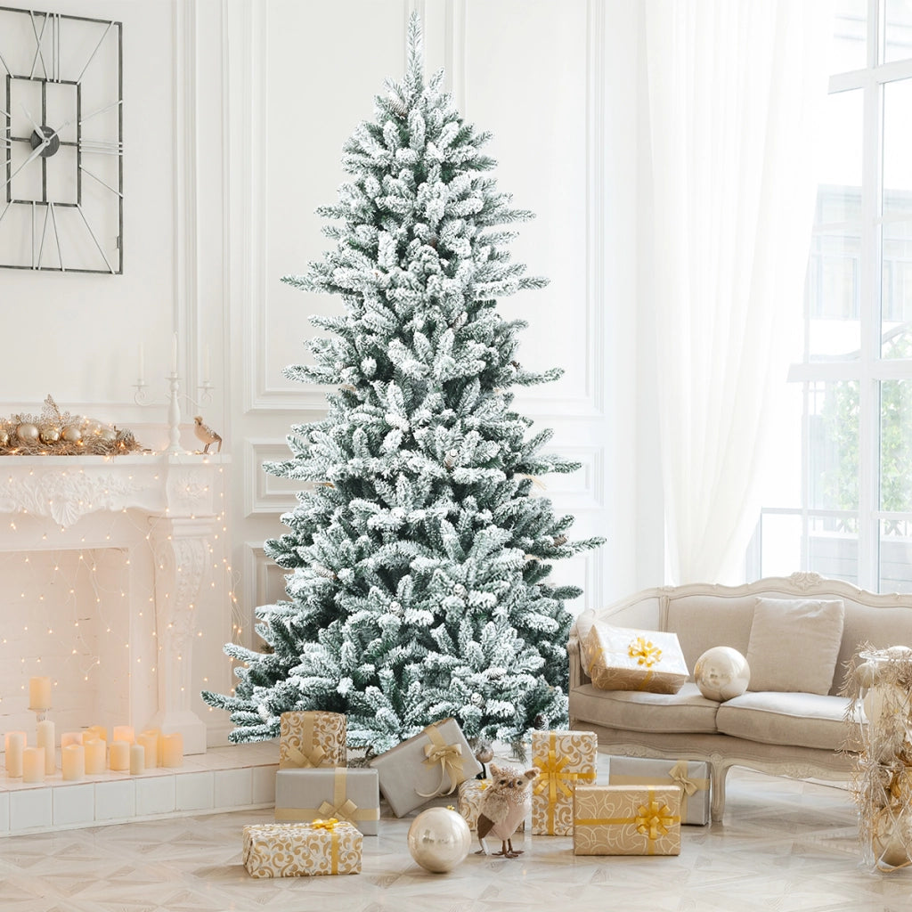 Albero di Natale artificiale innevato 210cm con pigne bianche, Albero di Natale con base in ferro resistente-Alberi di Natale