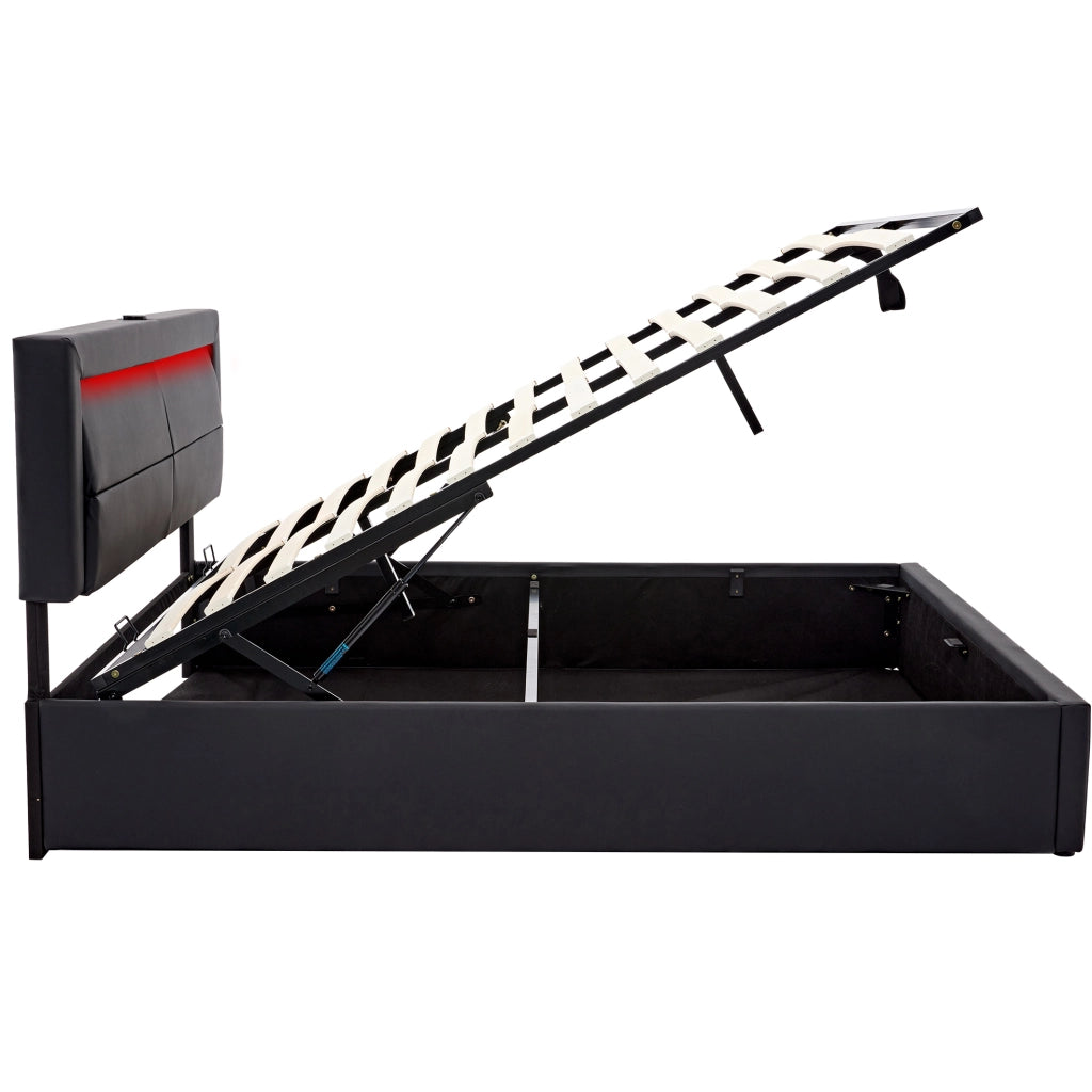 Letto imbottito 160x200 cm in PU nero con USB; LED e contenitore