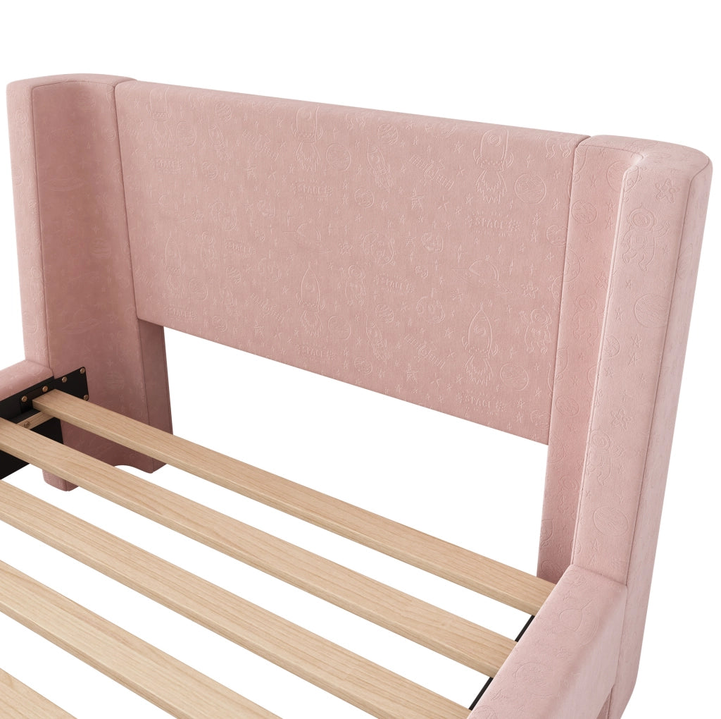 Letto singolo imbottito a slitta 90x200 cm in velluto rosa