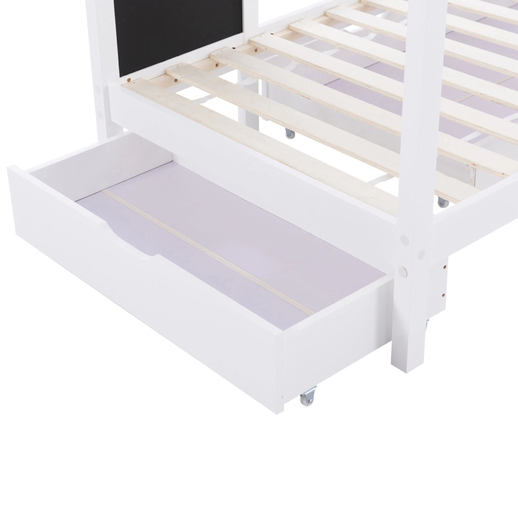 Letto a casetta per bambini 90x200 cm in legno massello bianco con lavagna e 2 cassetti