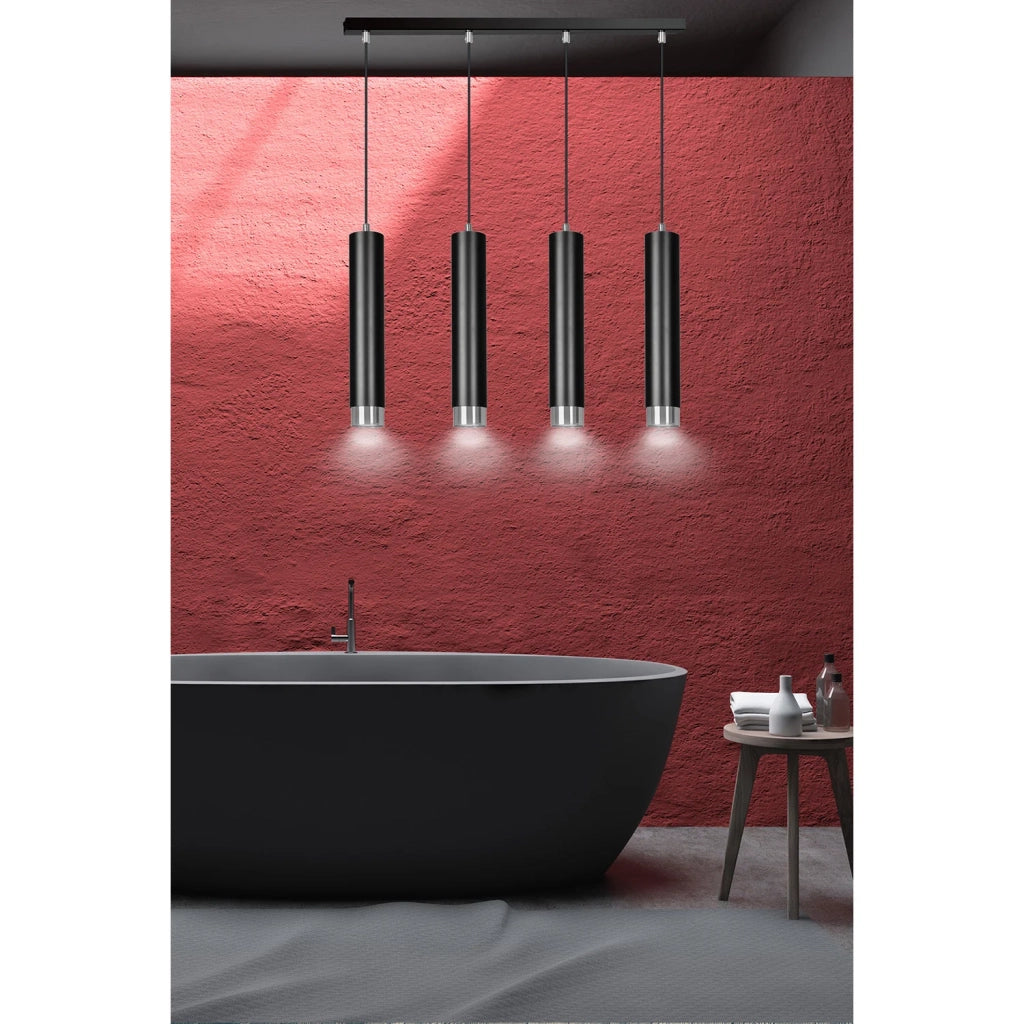 Lampadario 4 Luci Brunilde In Acciaio Nero E Tubolari In Nero E Cromo