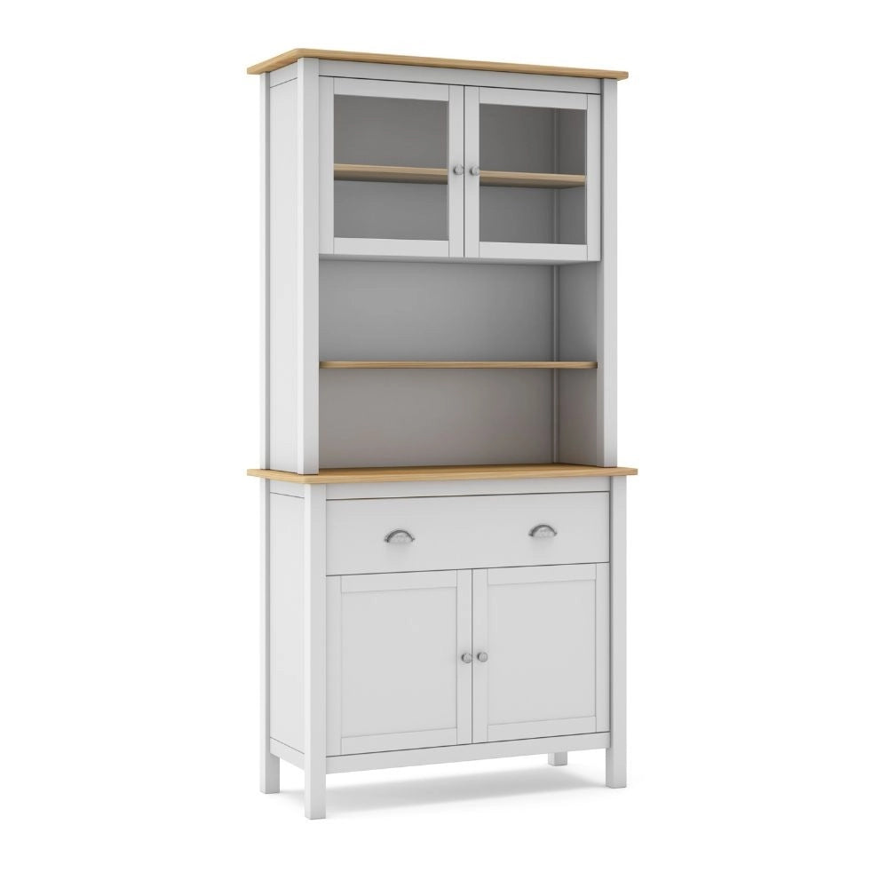 Credenza alta con vetrina Misti in legno massiccio bianco e rovere – 4 ante, 2 cassetti 90x40x180H
