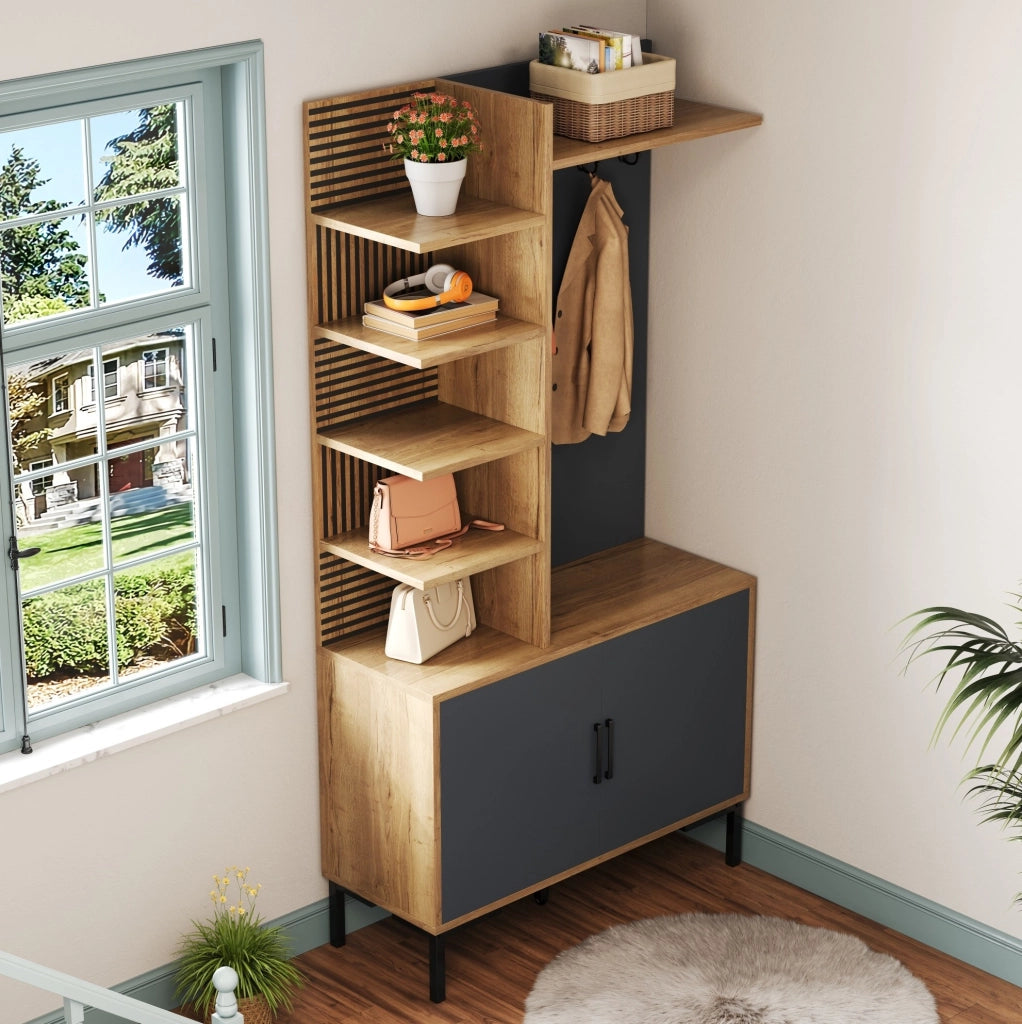Guardaroba da ingresso con ganci e ripiani regolabili 100x40x190;5 cm in truciolare naturale e nero