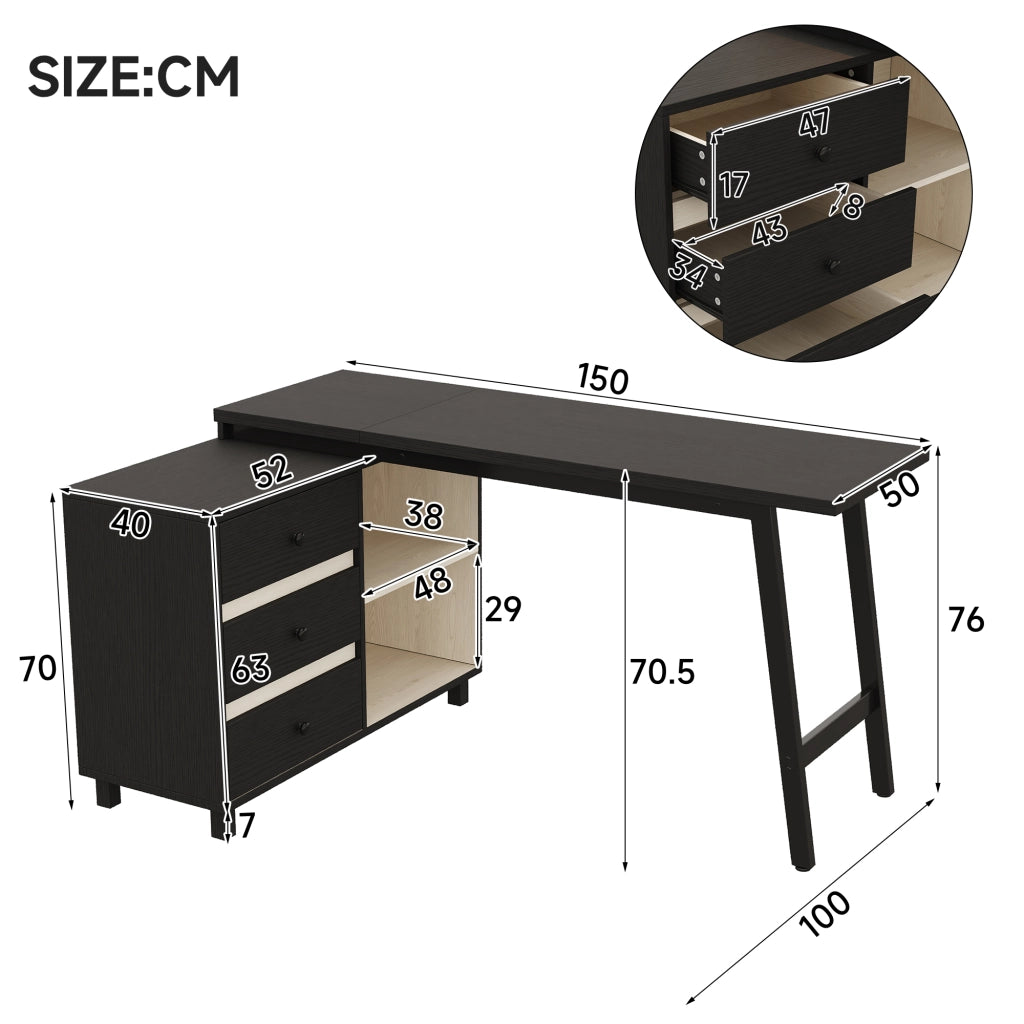 Scrivania angolare con 3 cassetti e 2 vani aperti in MDF e acciaio per ufficio e studio nero bianco 150 × 100 × 76 cm