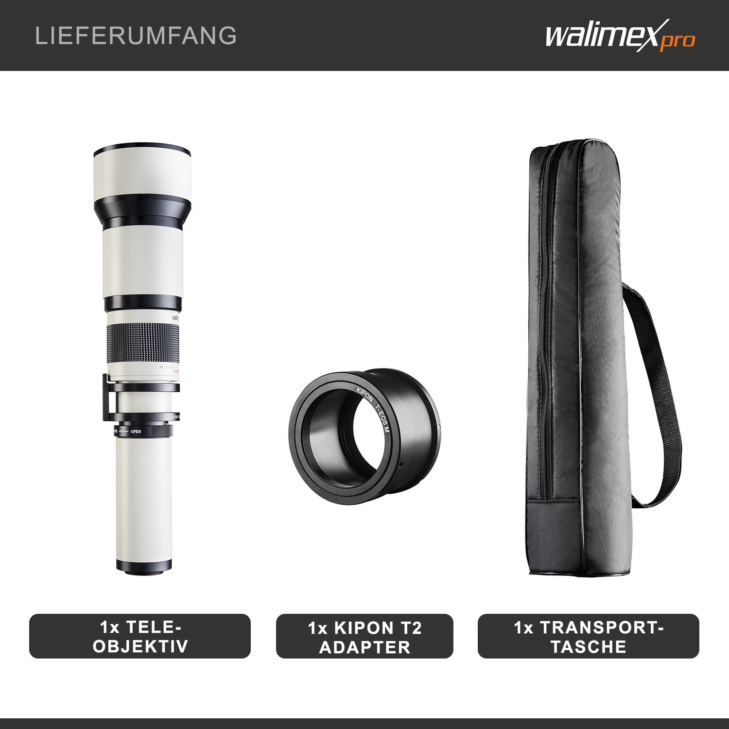 Teleobiettivo 650-1300mm 1:8-16 CSC compatibile con Pentax K – Zoom tele, focus manuale, per full-frame e APS-C – con coperchio e borsa di trasporto