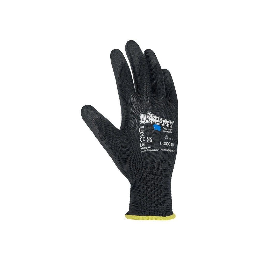 U-power onix, 12 paia di guanti da lavoro, supporto poliestere nero e poliuretano, taglie disponibili  7