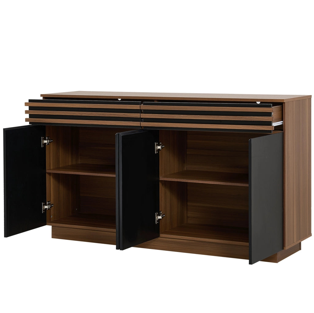 Sideboard moderno 150x40x85 cm in MDF marrone con ante nere, 2 cassetti e 4 porte