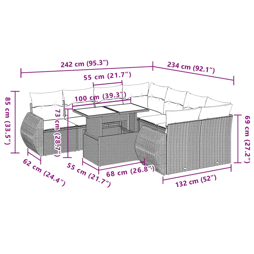 vidaXL Set Divani da Giardino 9pz con Cuscini Marrone in Polyrattan