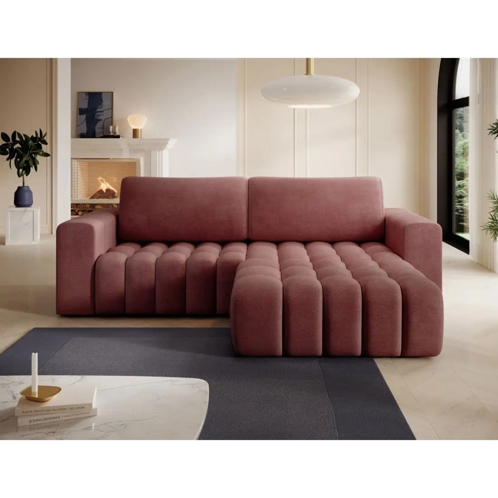 Divano angolare trasformabile DORY rosa 250 cm con vano contenitore angolo destro
