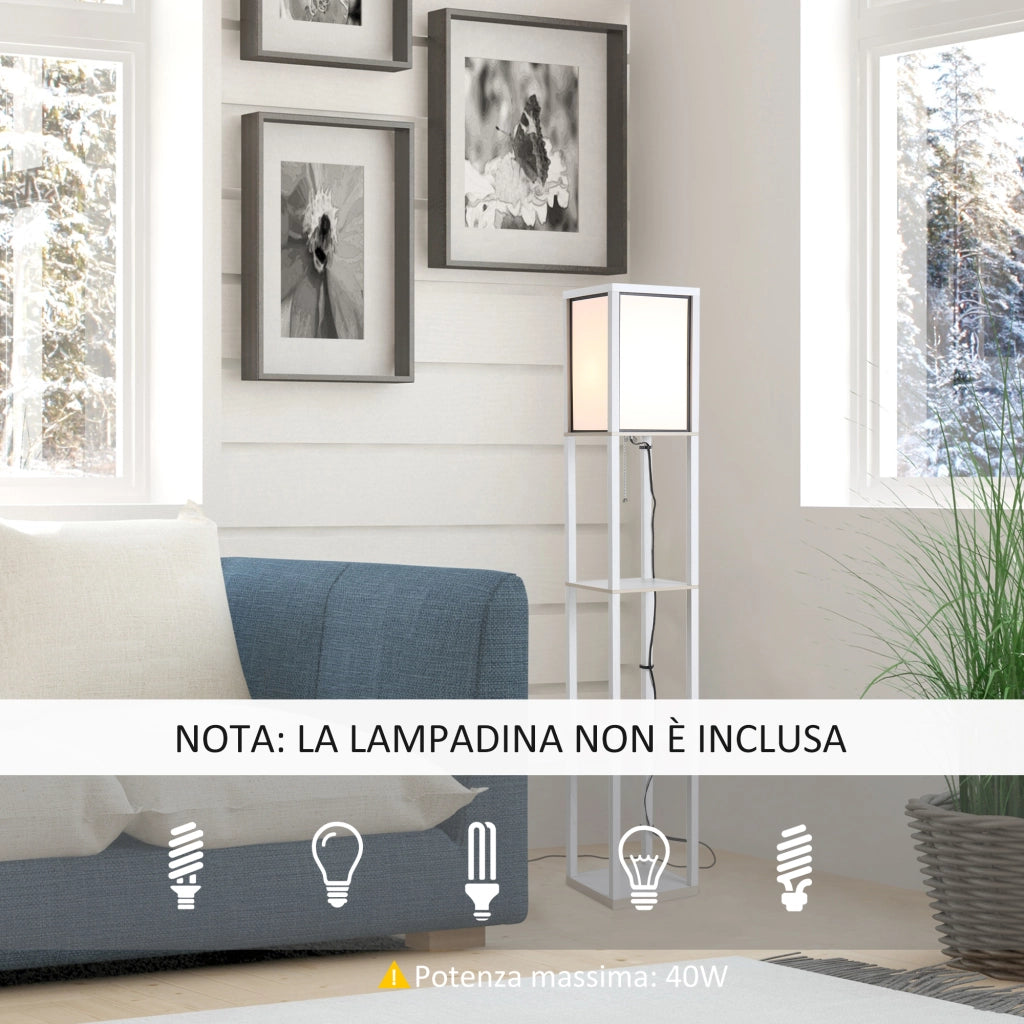 Lampada da Terra 40W con 3 Mensole e Interruttore a Tirante. in Legno e PS. 26x26x160 cm. Bianco