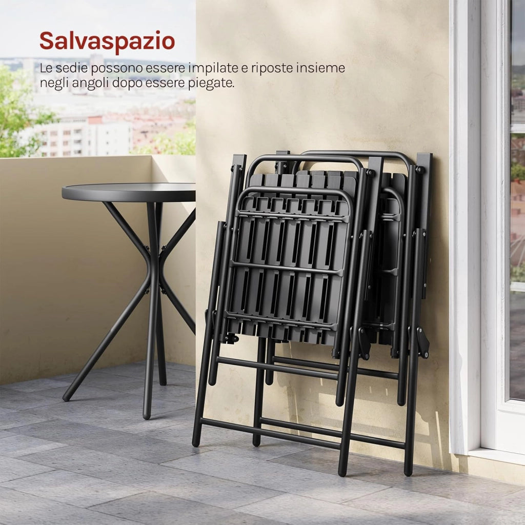 Set di Mobili da Esterno 3 Pezzi, Tavolo con 2 Sedie Pieghevoli, Struttura in Metallo, Resistente alle Intemperie, per Giardino, Terrazza e Balcone, Nero