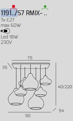 SOSP. OTTONE SATINATO 7 LUCI RETTANGOLARE VETRI (4 X PICCOLO + 3 X GRANDE) TUTTI AMBRA 1191OS-S7 RMIX-AM