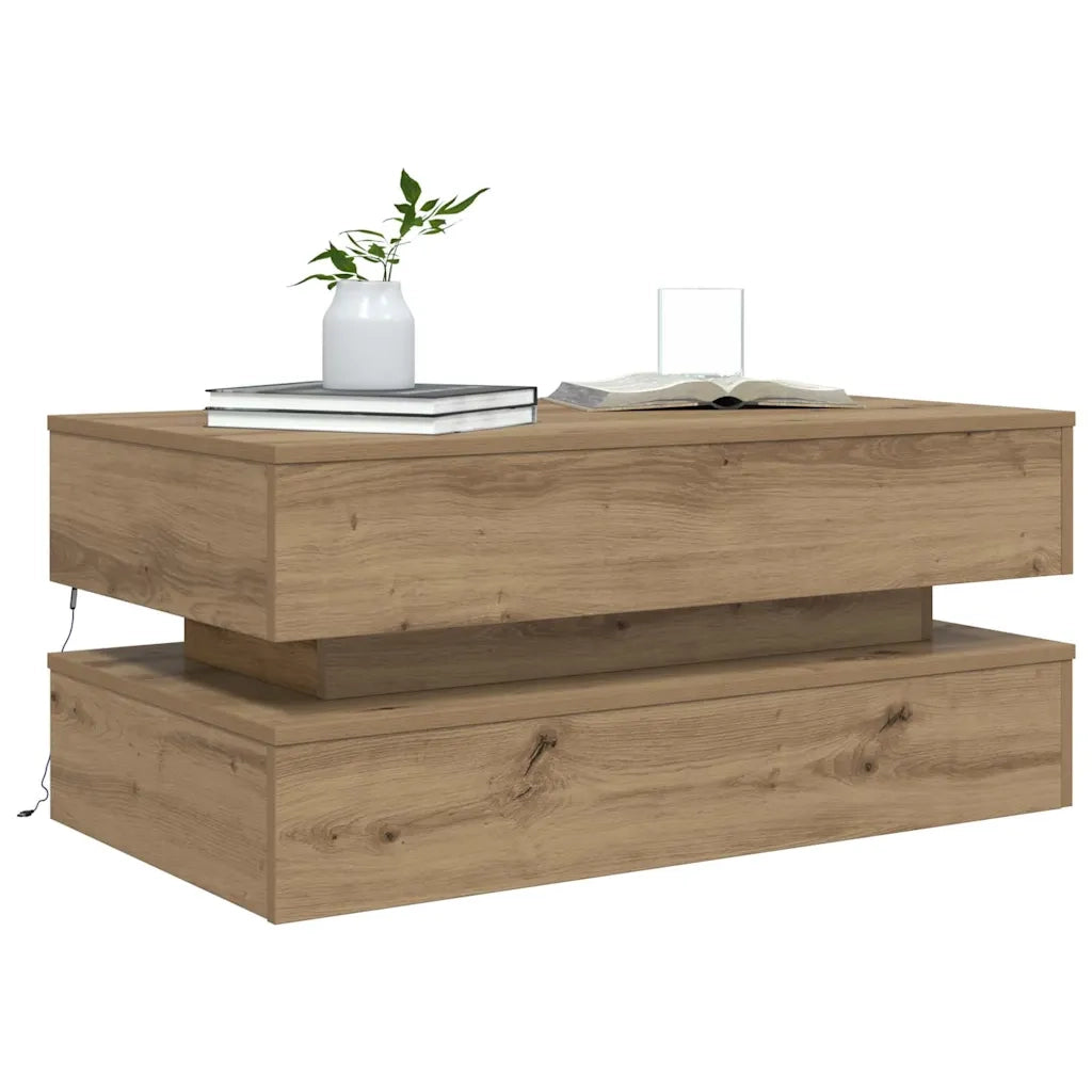 Tavolino da Salotto con Luci LED Rovere Artigianale 90x50x40 cm