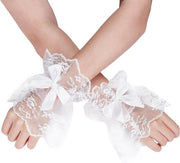 Polshandschoenen da donna con manica corta e maniche a canetta con fiori e ruches, senza dita.