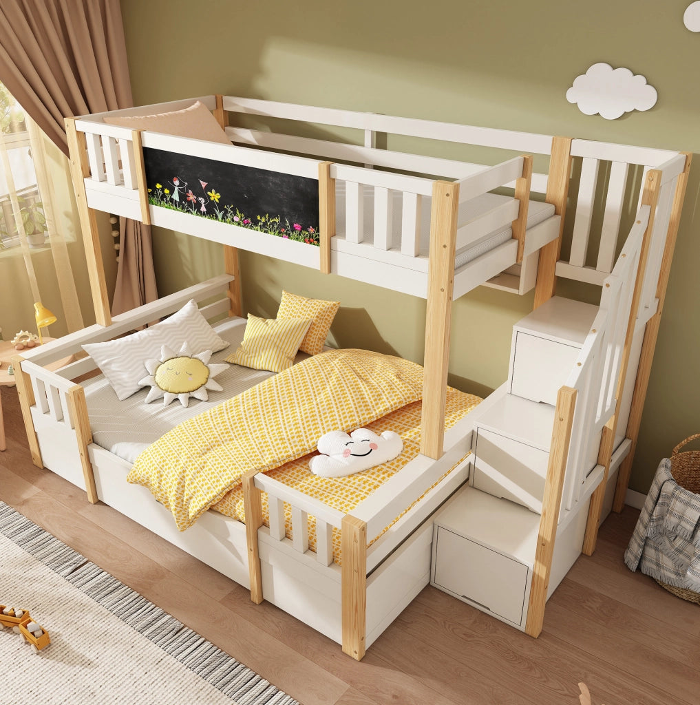 Letto a castello per bambini 90x200 e 140x200 cm in legno massiccio; bianco e naturale