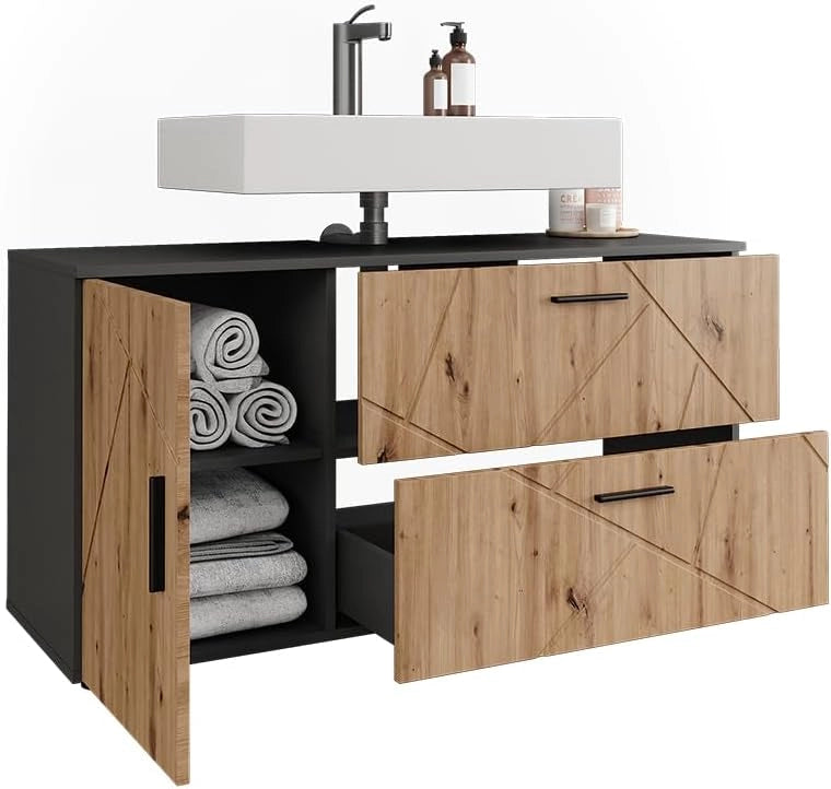 Mobiletto per lavabo Irma, Antracite/Artisan, 120.1 x 60.6 cm con 2 cassetti e 1 anta