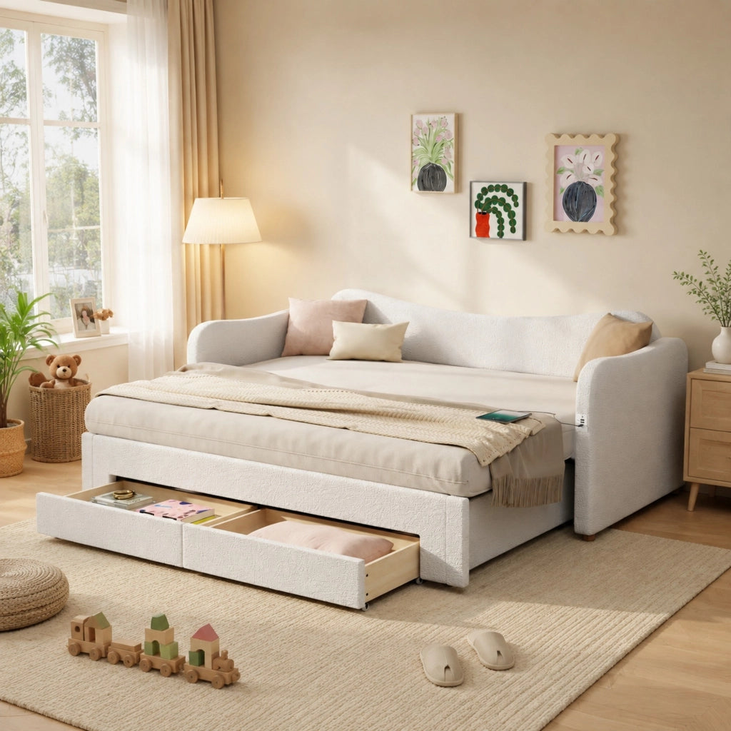 Letto imbottito estraibile 90x200 cm con cassetti; USB e Type-C; beige bouclé