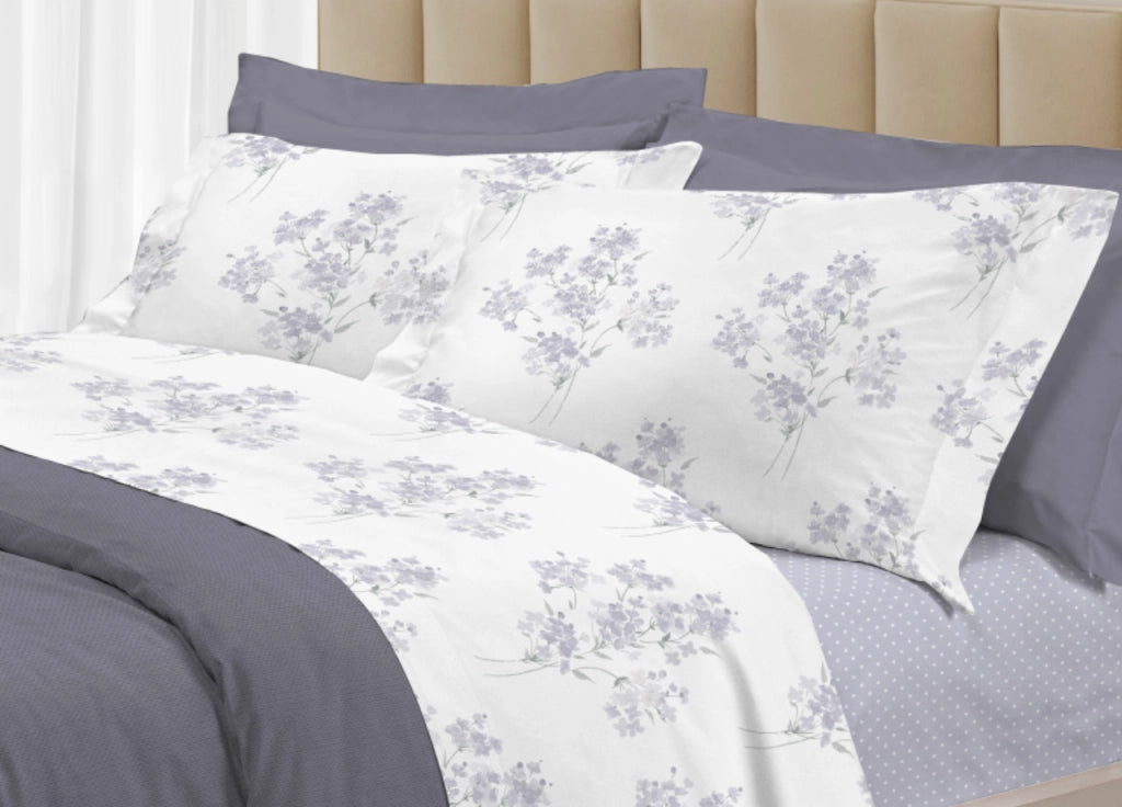 Completo Lenzuola Letto 100% Cotone Made Italy 3027 Disegno Primavera - Matrimoniale - Grigio