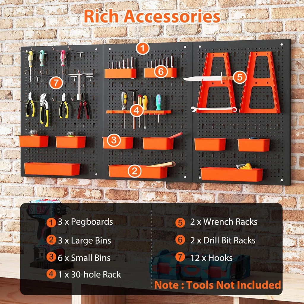Pannello Porta Attrezzi da Parete 120 X 60 CM, 3 Pannelli Perforati in Metallo con kit di 29 Ganci, Stabile e Resistente, per Garage, Officina (Nero+Arancio, 120 X 60 X 2 CM)