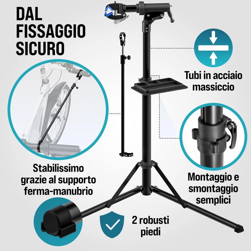 ® Cavalletto Riparazioni Biciclette fino a 50kg Borsa Trasporto Pieghevole Asta Regolabile Montaggio Bici Elettriche E-Bike Officina