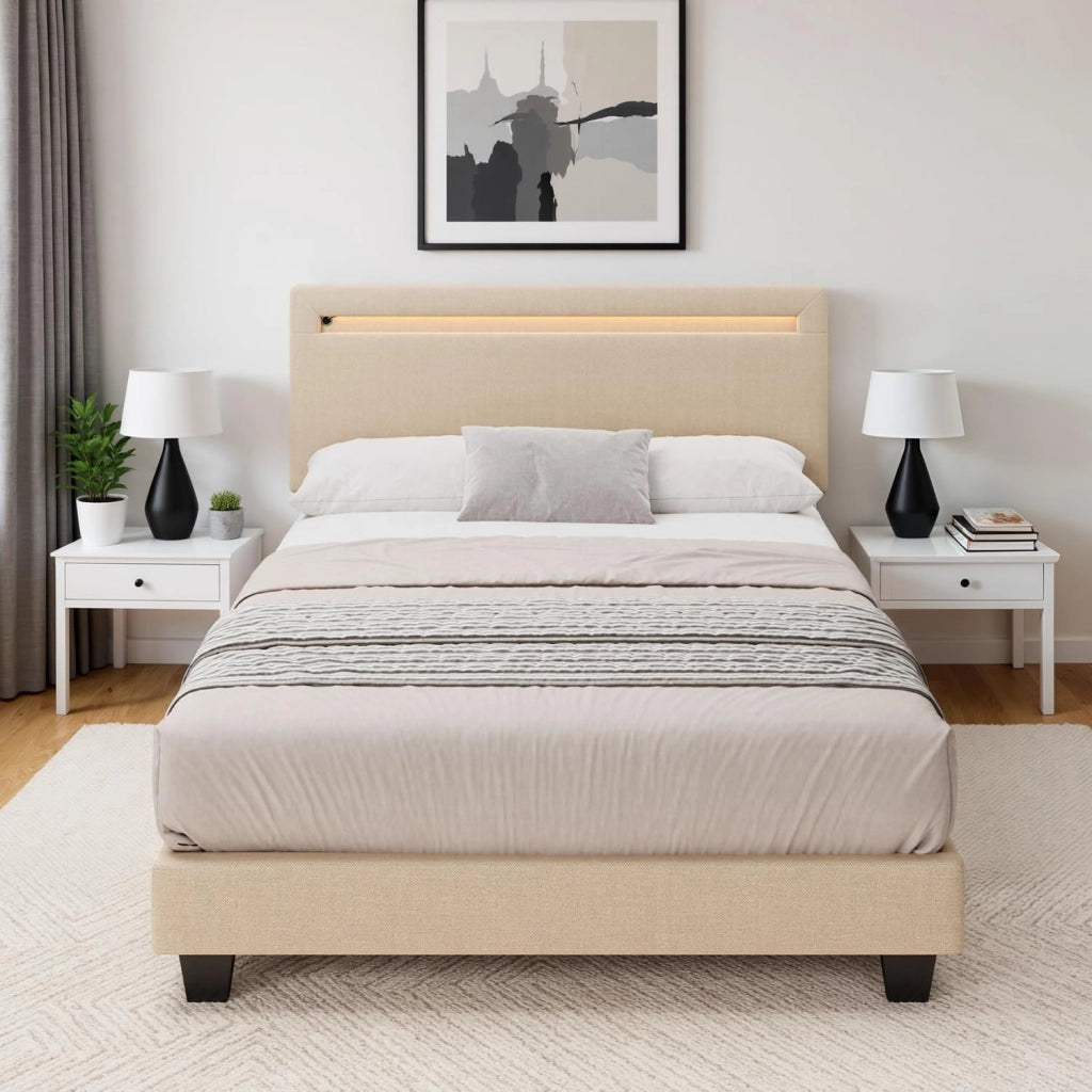 Letto imbottito 120x200cm con luce LED, Letto a piattaforma imbottito, Struttura in ferro, Testiera imbottita, Bse robusta, Adatto per camere degli ospiti (Beige)