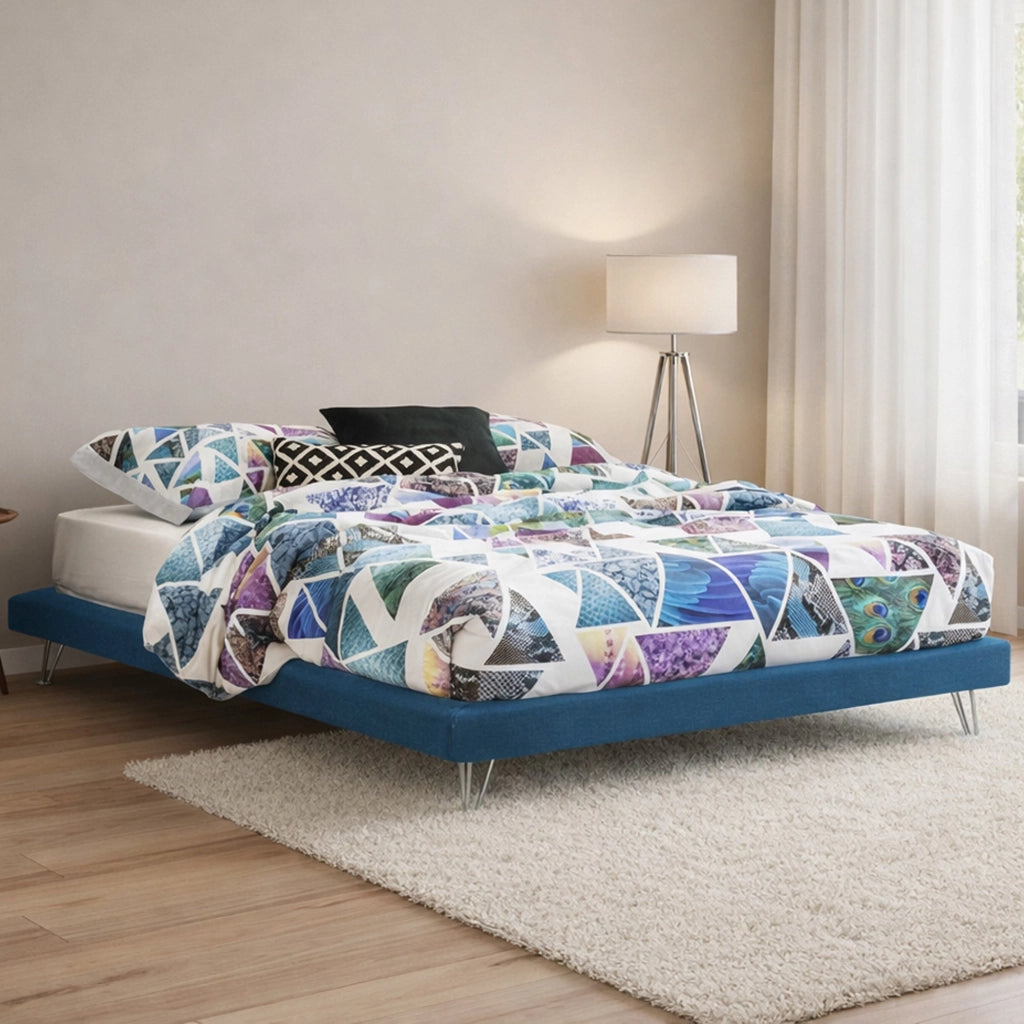 Letto matrimoniale Arbatrax, Letto fisso in tessuto con piedini, Made in Italy, adatto per materasso cm 160x190, Blu