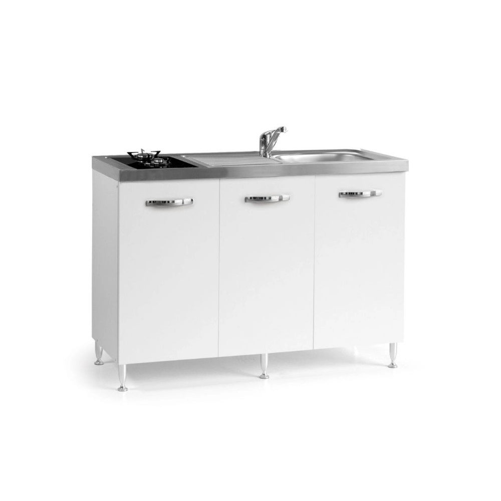 Cucinino Indiano120K30 bianco frassinato con top inox e piano cottura a gas in vetro