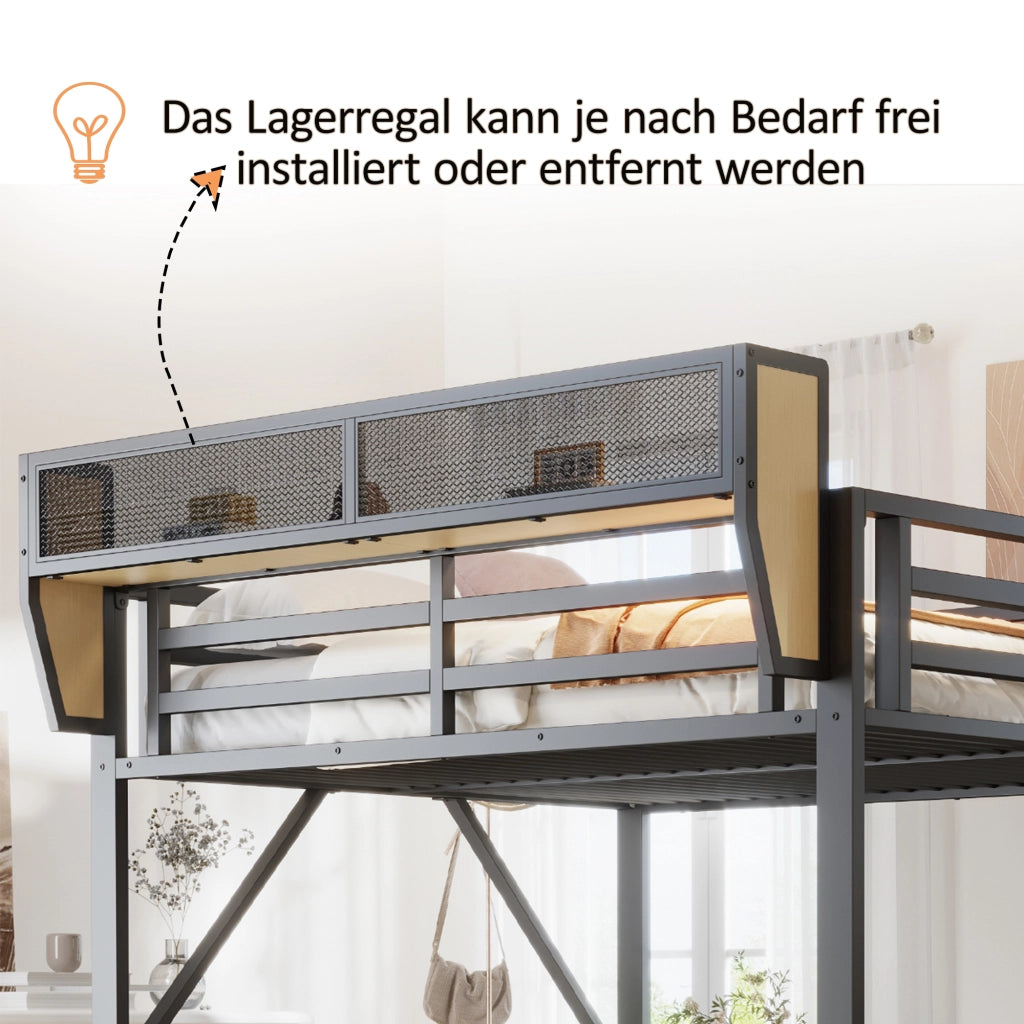 Letto a soppalco 140 × 200 cm con scrivania, ripiani, led e prese, senza materasso, metallo, nero