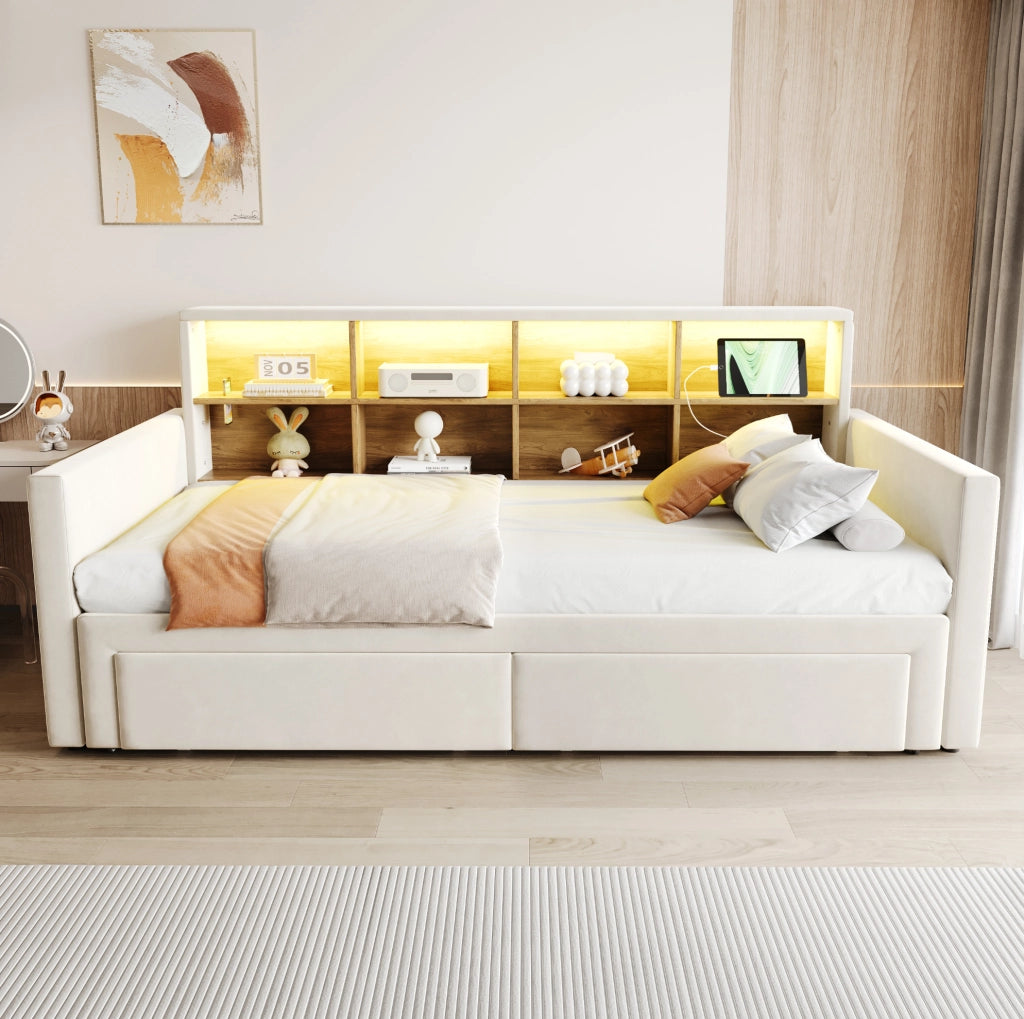 Divano letto imbottito estraibile 90x190 cm con LED; prese e cassetti; beige