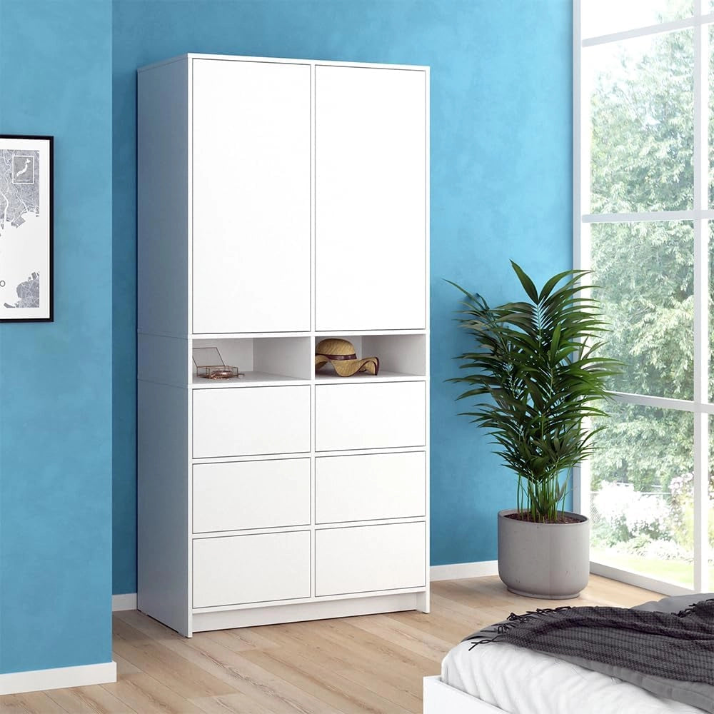 Armadio Naara, Bianco, 98.6 x 200 cm con cassetti