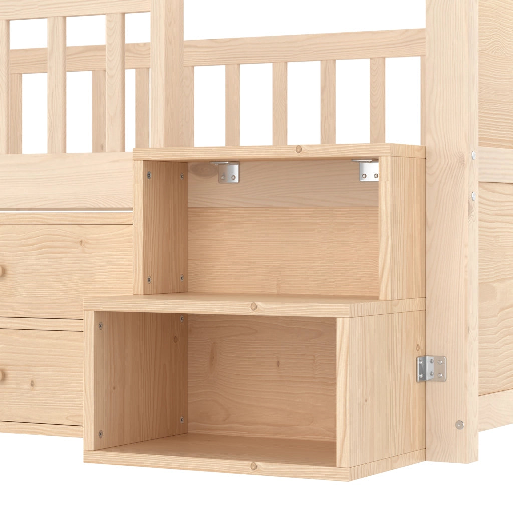 Letto semialto 90x200 cm con LED; scala e contenitori in pino naturale
