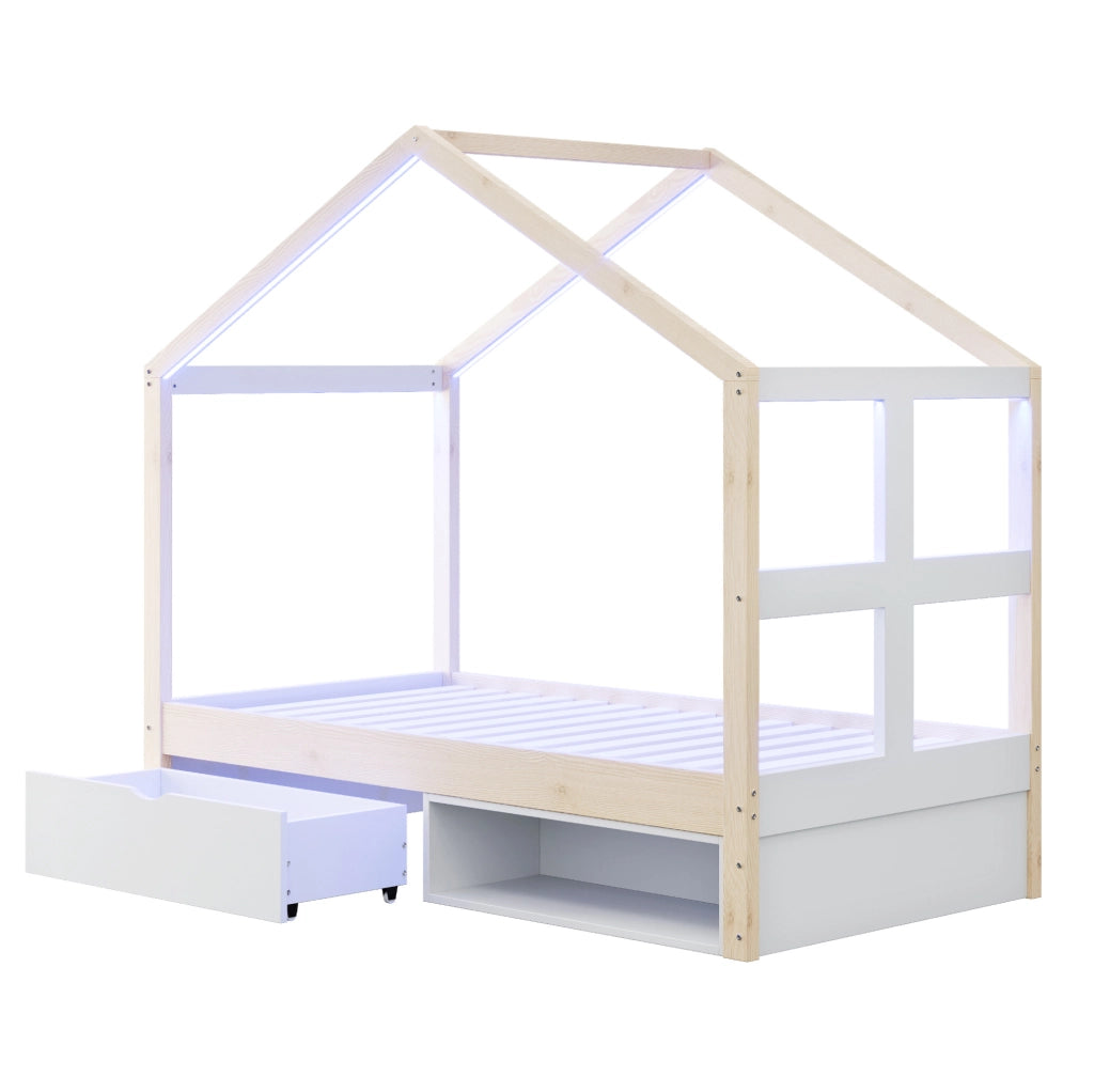 Letto singolo a casetta 90x190 cm con cassetto, scarpiera e LED