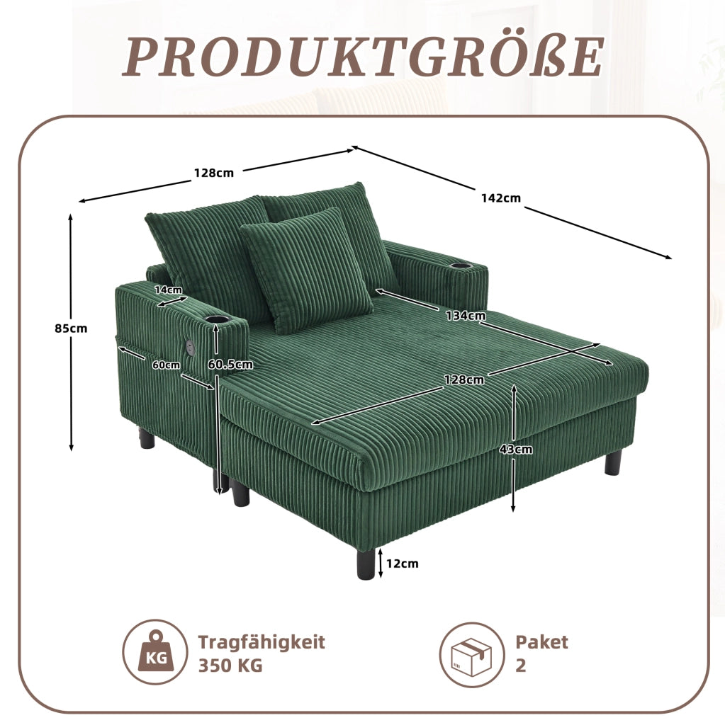 Poltrona relax extra large con LED; USB e porta bicchiere 142x128x85 cm in velluto a coste verde smeraldo