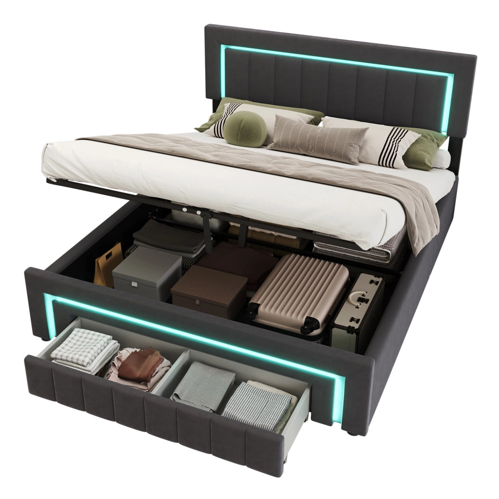 Letto matrimoniale contenitore 140x190 cm grigio antracite in velluto con LED, cassetto e rete a doghe