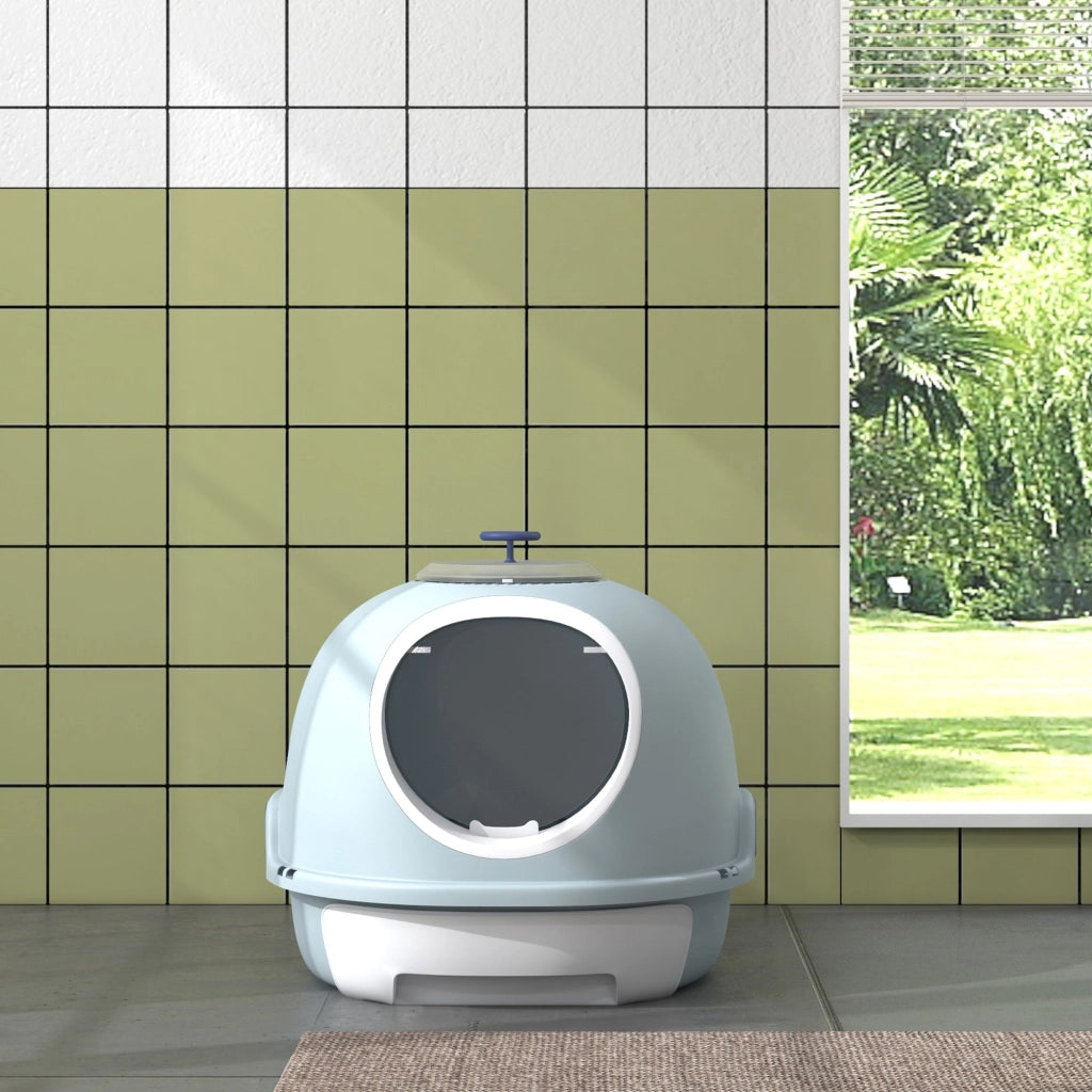 Toilette Chiusa per Gatti 47x55x44 cm con Vassoio Estraibile e Paletta Azzurro