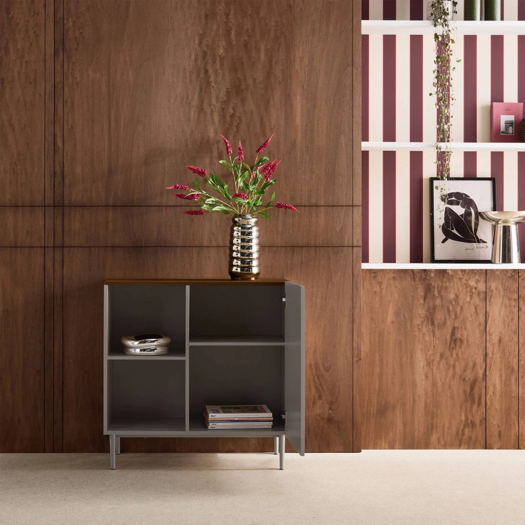 Credenza in metallo e decorazione in legno 1 anta, 80cm, grigio