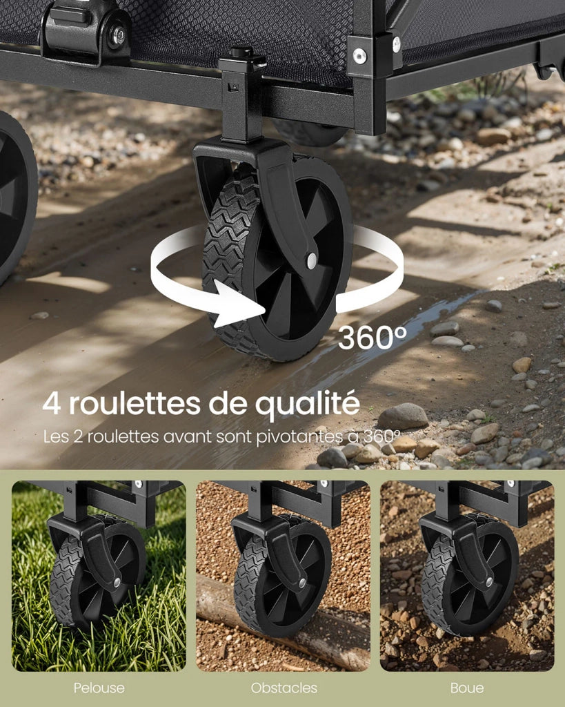 Carrello da trasporto pieghevole carrello da spiaggia carrello da campeggio con maniglia 4 ruote rinforzate di cui 2 universali portata 150 kg giardino esterno nero 12_0005032