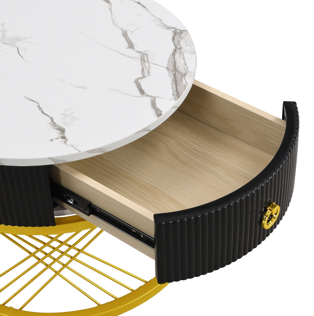 Tavolino da salotto 70x70x45+50x50x40 cm; set di 2 con cassetto; effetto marmo bianco e oro