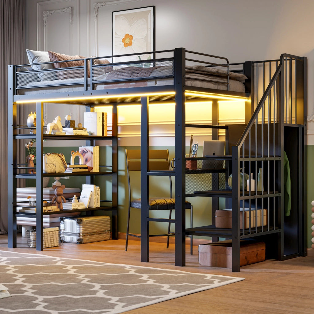 LETTO A CASTELLO 90x200 cm in metallo nero con scrivania e scaffale