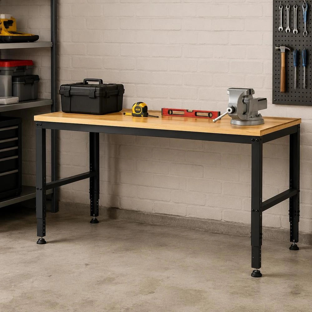 Height-adjustable Workbench 122 X 61 X 72 - 97 Cm Clamping Table, 900 Kg Weight Capacity Work Table, Brown. Folding Tool Bench Made Of Cold-rolled Steel, Multifunctional Work Table For Workshop.