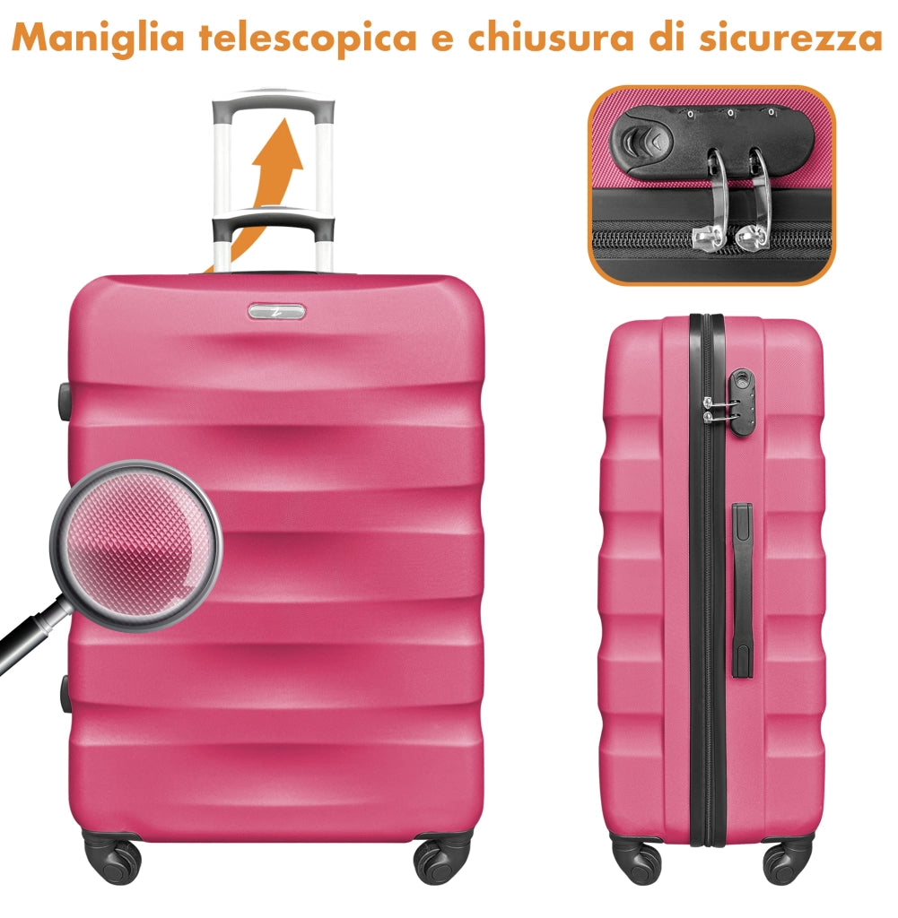 Set Di 3 Valigie Rigide ABS Valigia Da Viaggio Con Chiusura Lucchetto Combinazione Grande Media Piccola Forti Resistenti Manico Telescopico Trolley Borsa Vacanze Set Viaggio Treno Aereo Auto Fuxia