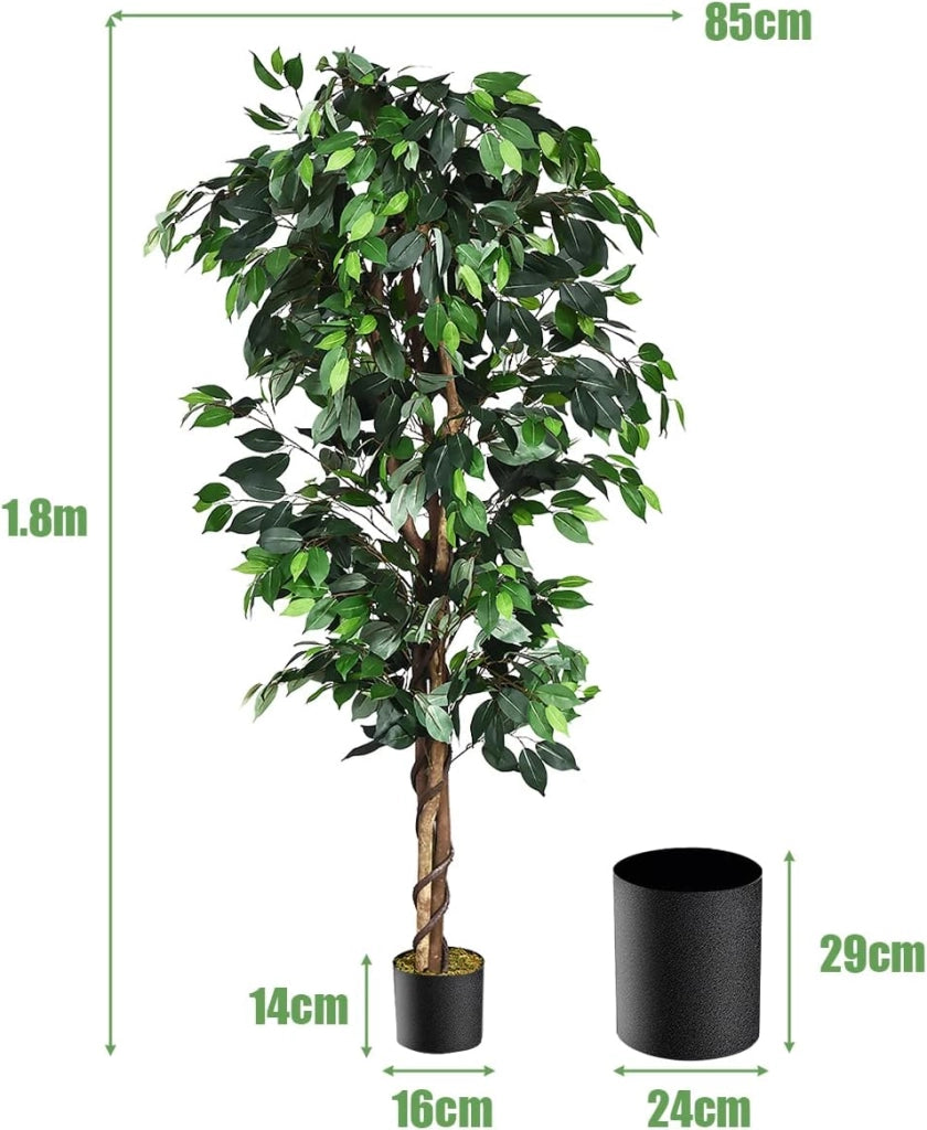 Albero Artificiale Fico di Betulla 180 cm, Pianta Verde con Vaso in Cemento e 1008 Foglie, Decorazione d’Interno per Casa ed Ufficio