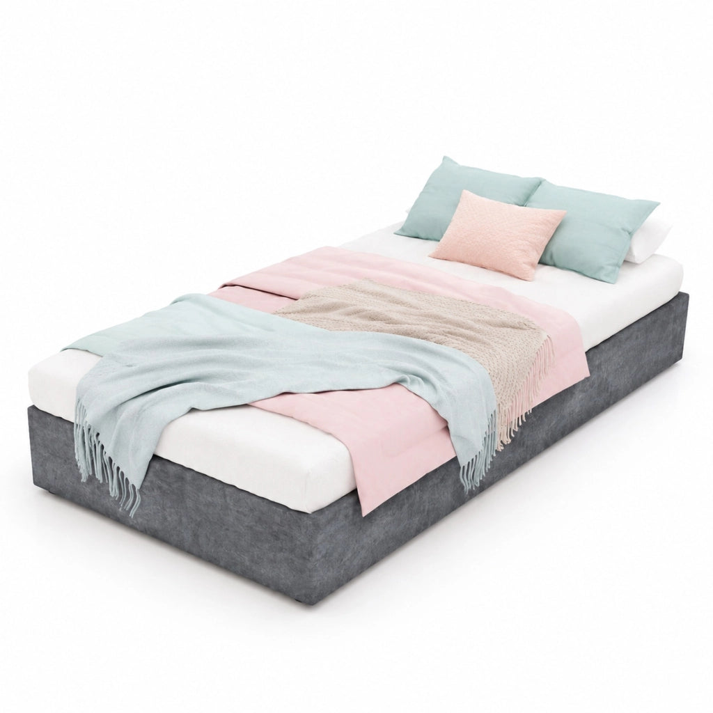 Letto singolo imbottito con contenitore pneumatico 90x200 cm; grigio