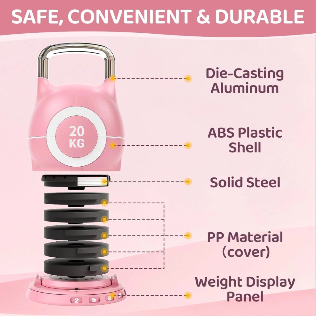 Kettlebell Regolabile 7 in 1, 20 kg Kettlebell con 7 Livelli di Peso, Manubrio per Allenamento a Casa & Fitness, Ideale per Allenamento Completo del Corpo, Compatto & Salvaspazio (Rosa, 20KG)