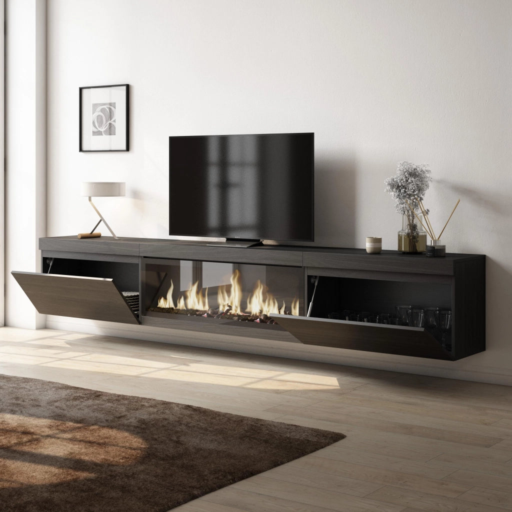 Mobile TV Soggiorno, 267x35x45cm, TV di grande formato, Camino elettrico XXL, da appendere, Nero RF3602